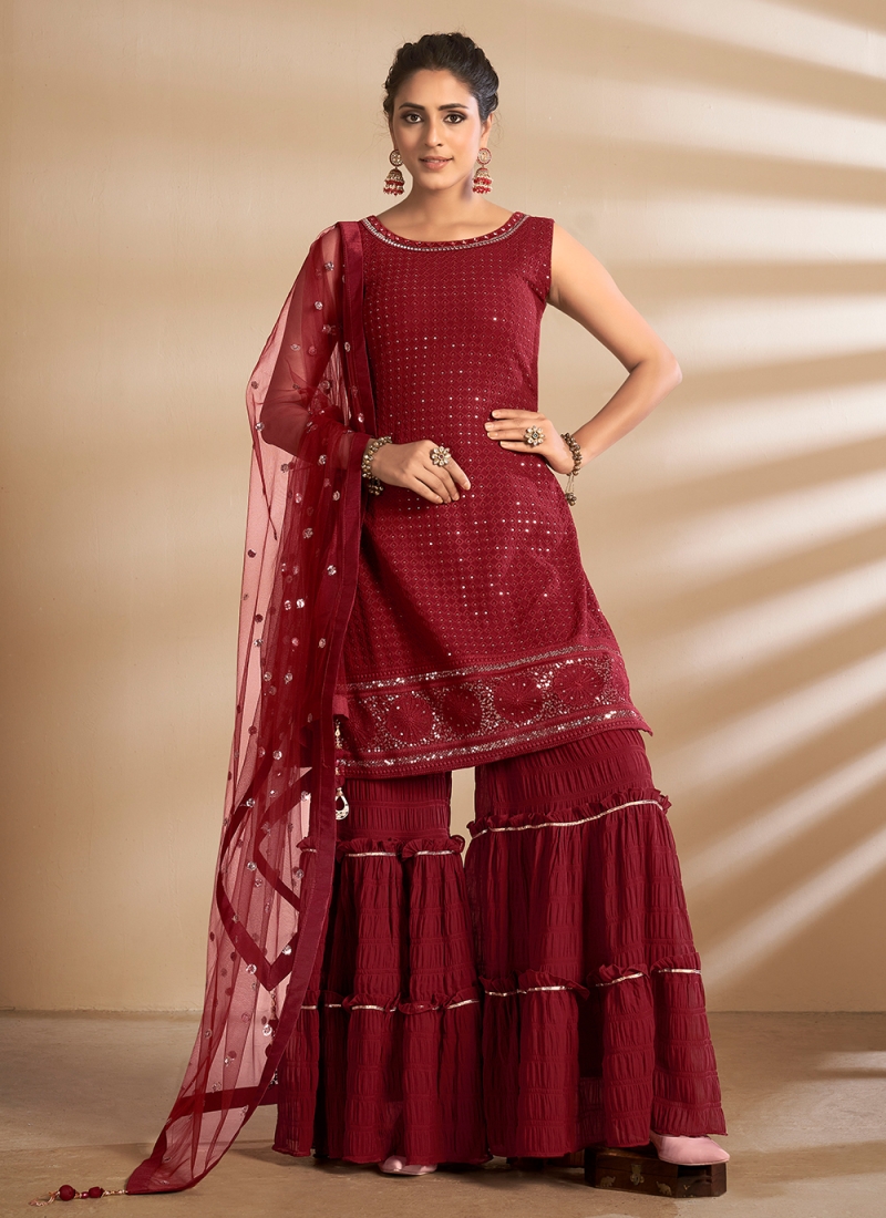 Spellbinding Sequins Red Georgette Designer Palazzo Salwar Kameez