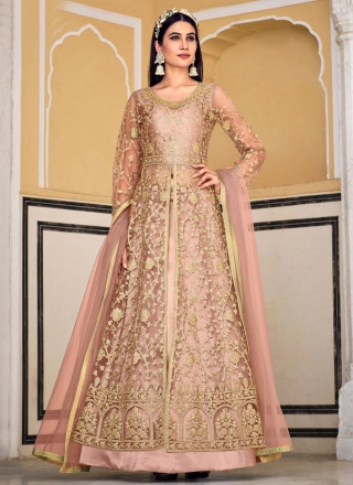 Splendid Peach Embroidered Net Designer Lehenga Choli