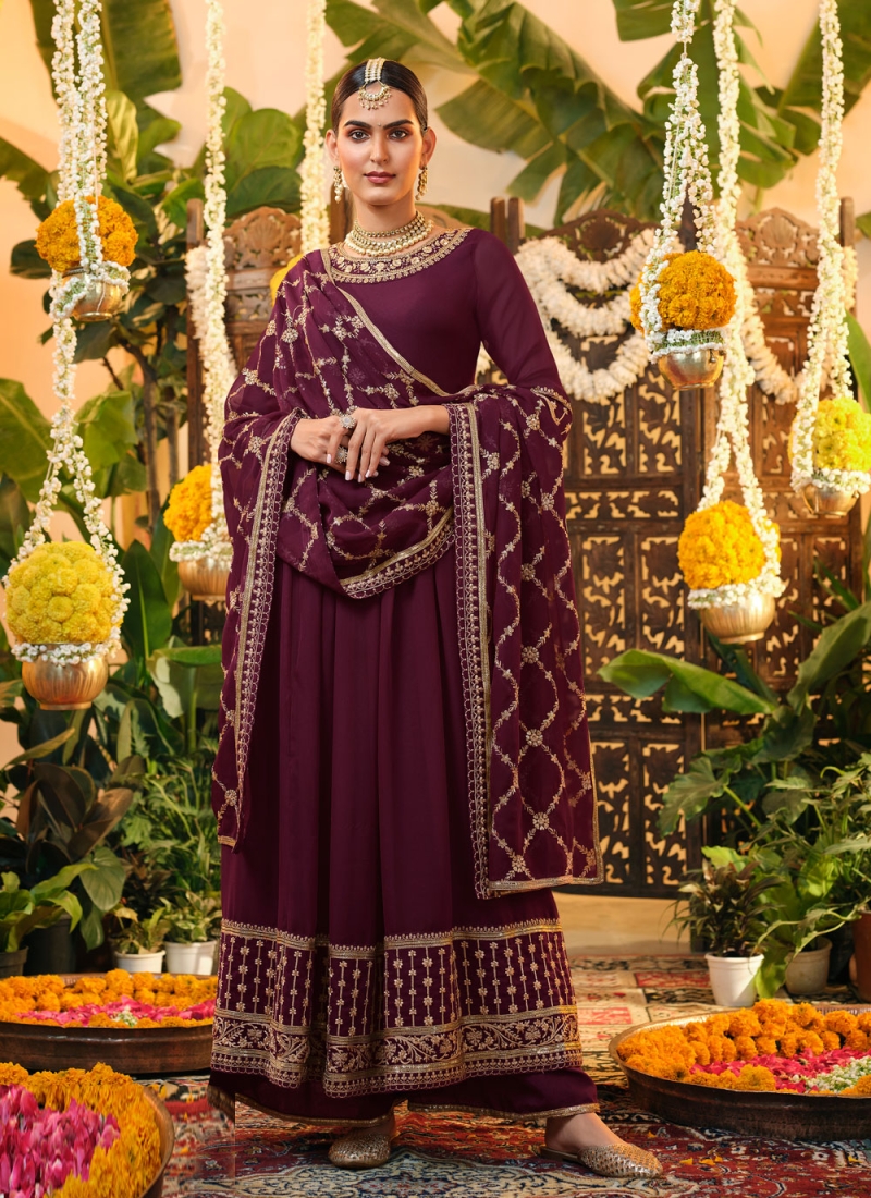 Splendid Wine Embroidered Salwar Kameez