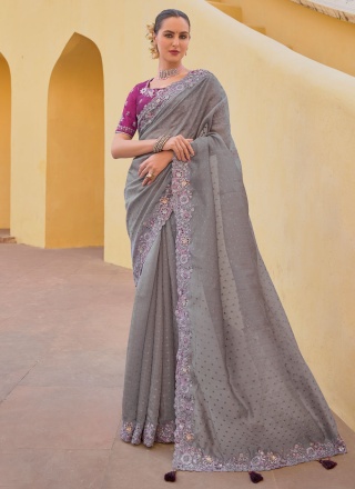 Staggering Silk Grey Sequins Contemporary Style Saree