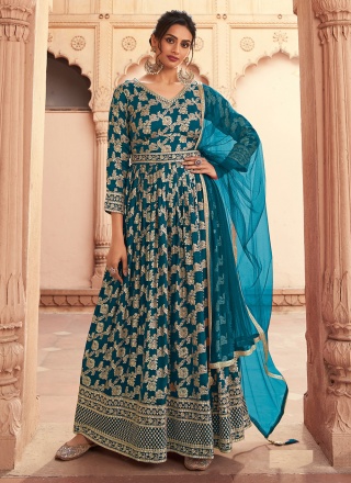 Staring Jacquard Work Teal Designer Ankle Length Anarkali Suit 