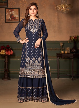 Straight Pakistani Salwar Kameez Embroidered Faux Georgette in Navy Blue