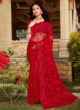 Strange Red Net Contemporary Saree