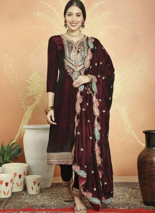 Striking Resham Maroon Velvet Pant Style Suit