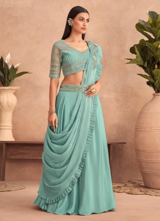 Striking Silk Aqua Blue Embroidered Lehenga Saree