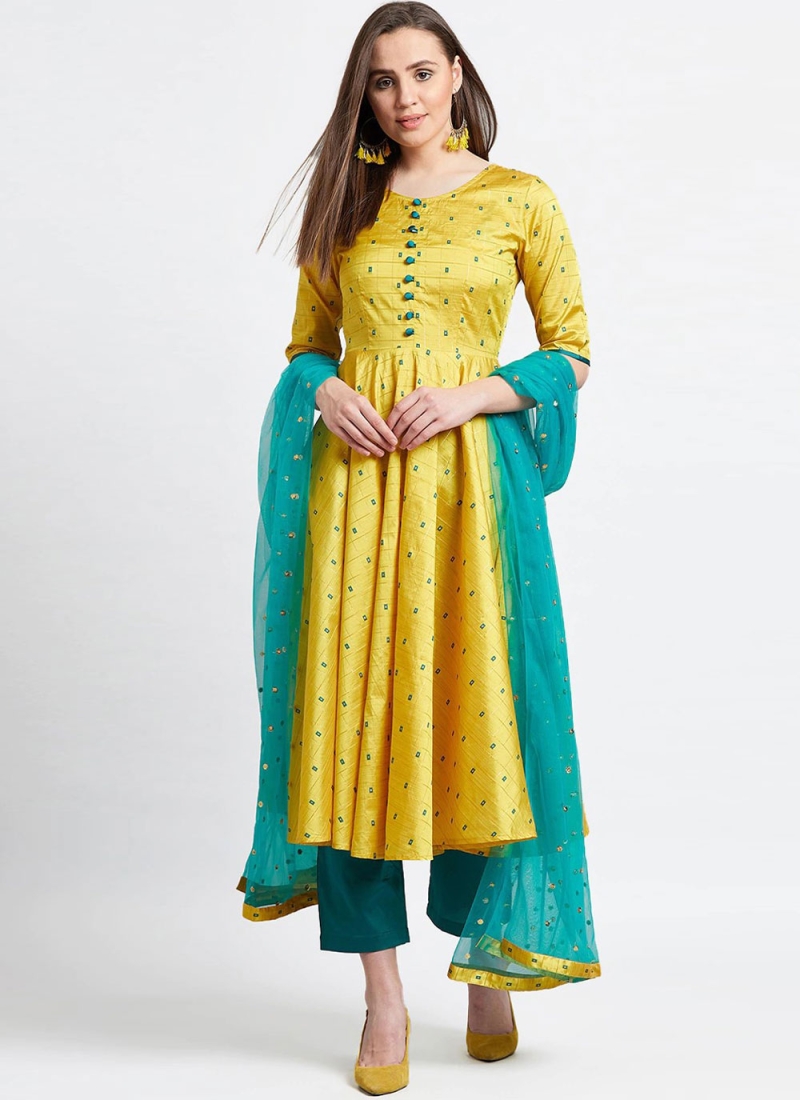 Striking Silk Blend Yellow Butta Readymade Salwar Suit