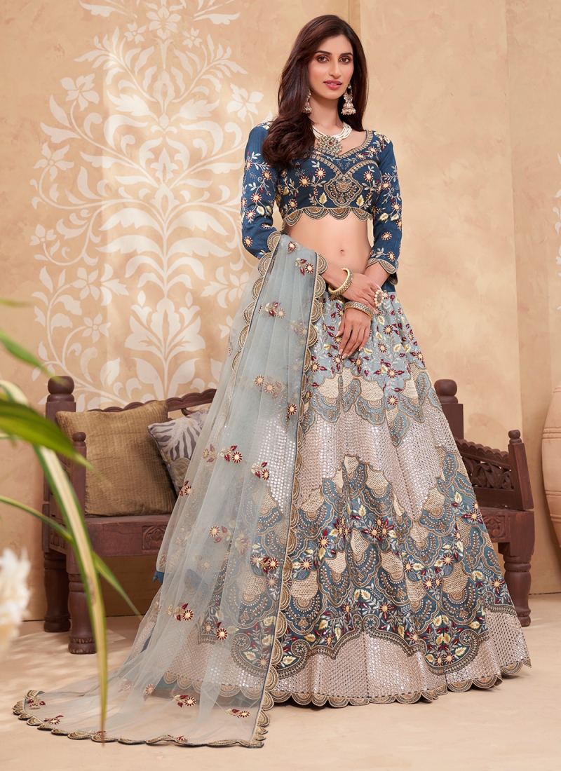 Stunning Cream and Grey Zari Silk Bollywood Lehenga Choli