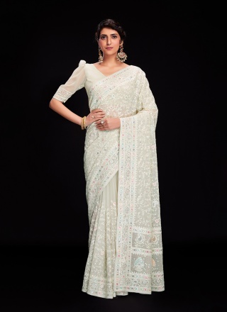 Stunning Georgette White Lucknowi work Classic Designer Saree