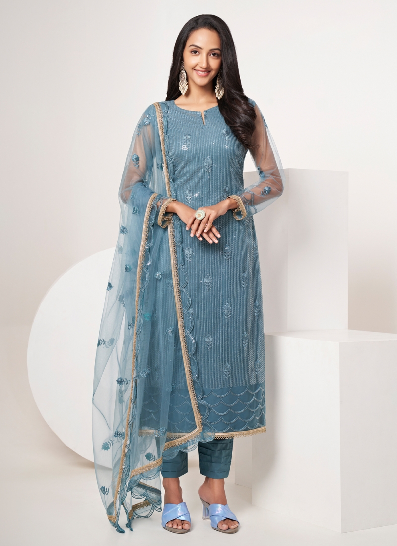 Stunning Net Embroidered Grey Trendy Salwar Kameez