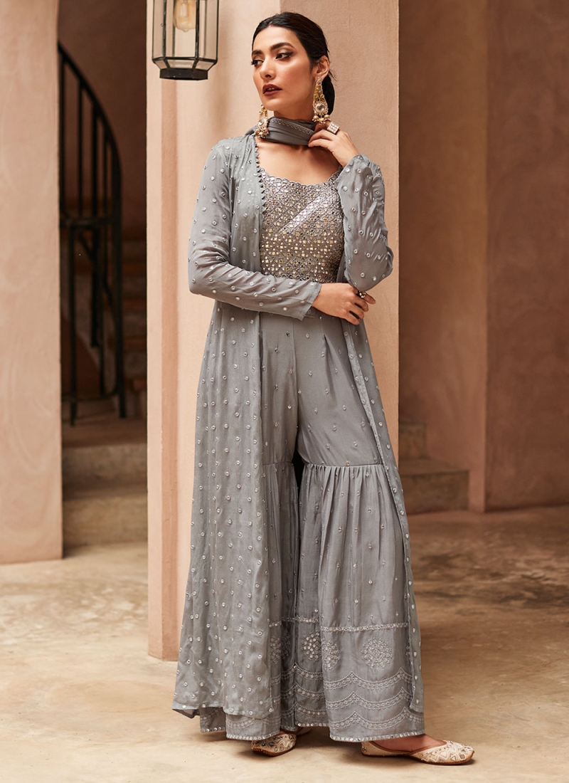 Stylish Embroidered Chinon Grey Palazzo Salwar Kameez