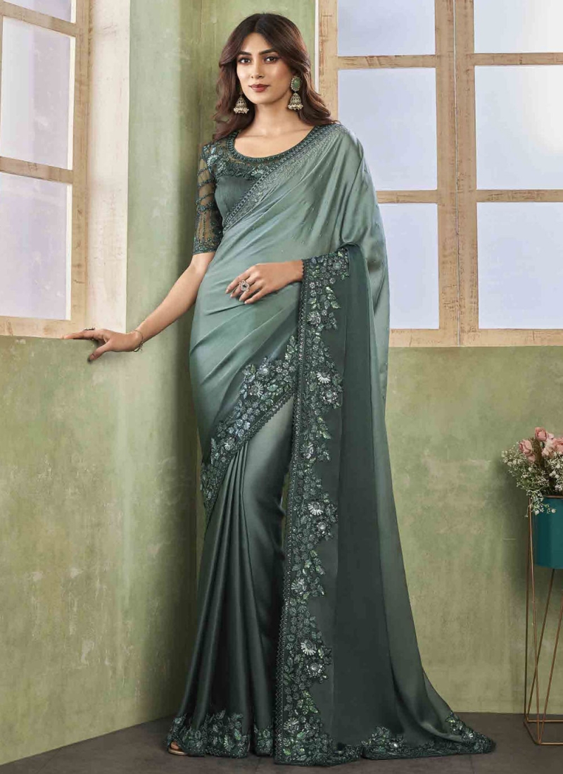 Stylish Satin Silk Green Trendy Saree
