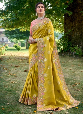 Stylish Silk Embroidered Green Contemporary Saree