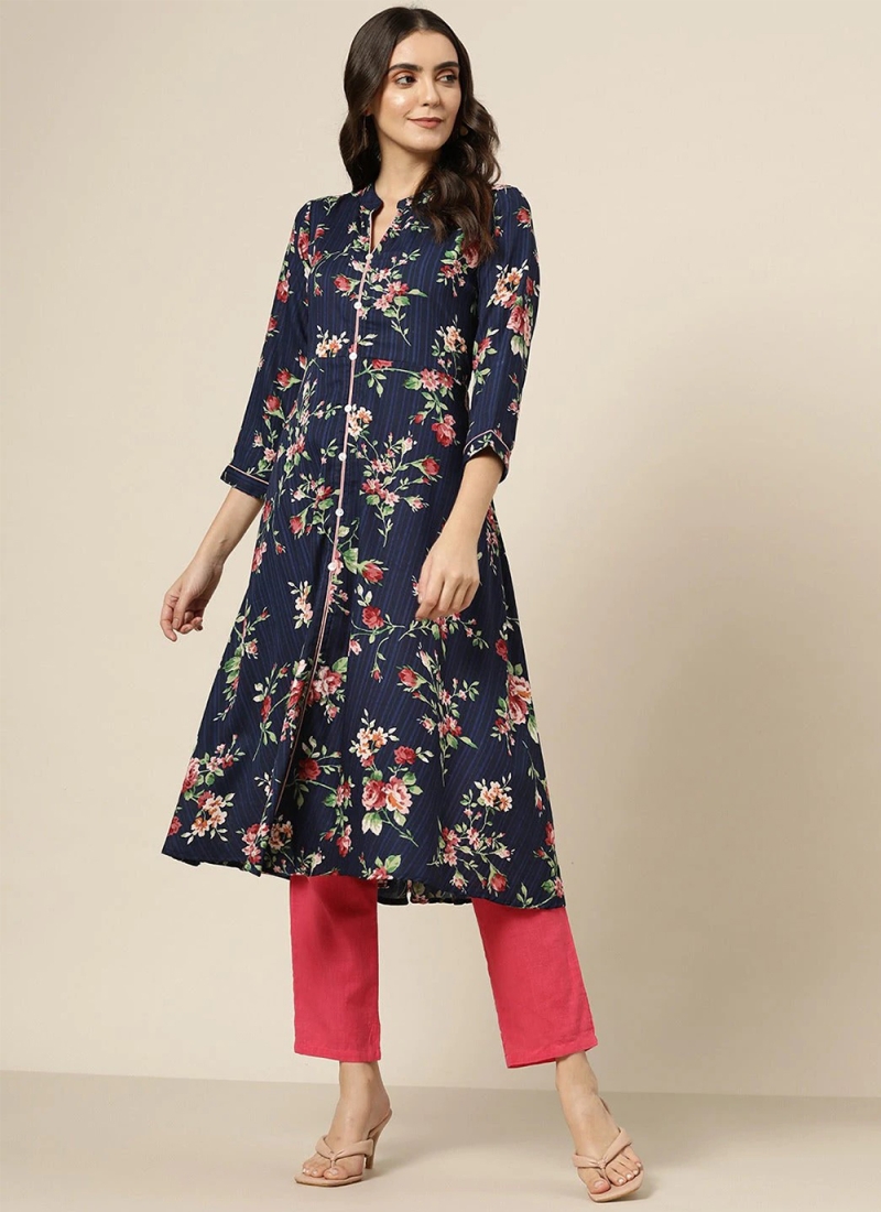 Black Floral Printed Cotton Full Sleeves A Line Round Neck with V Designer  Kurti