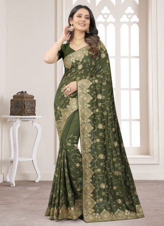 Subtle Embroidered Green Vichitra Silk Contemporary Saree