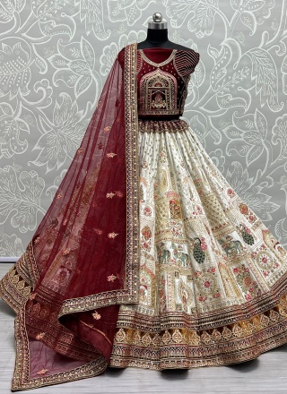 Superb Velvet Dori Work Off White Long Choli Lehenga