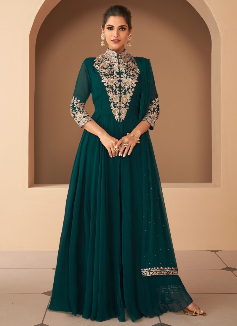 Superlative Green Engagement Floor Length Gown