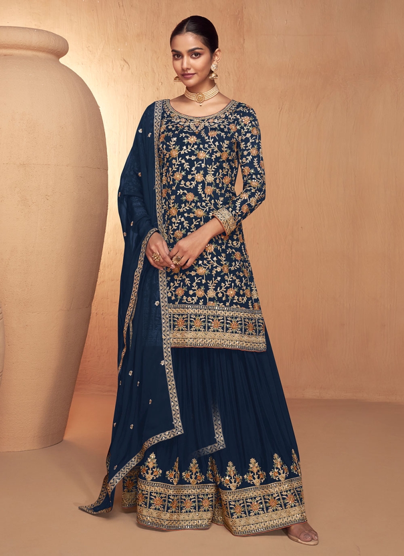 Surpassing Chinon Embroidered Navy Blue Trendy Salwar Kameez