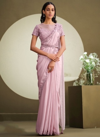 Surpassing Georgette Embroidered Rose Pink Contemporary Style Saree