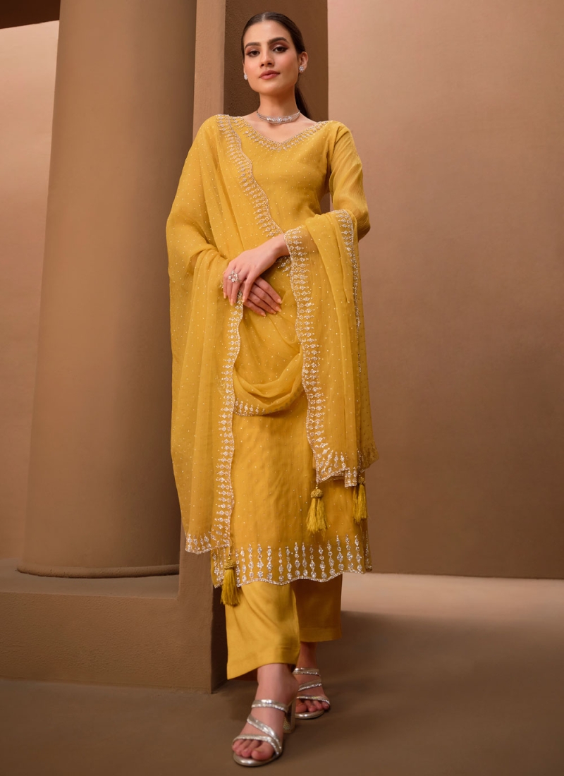 Swarovski Chiffon Trendy Salwar Kameez in Yellow