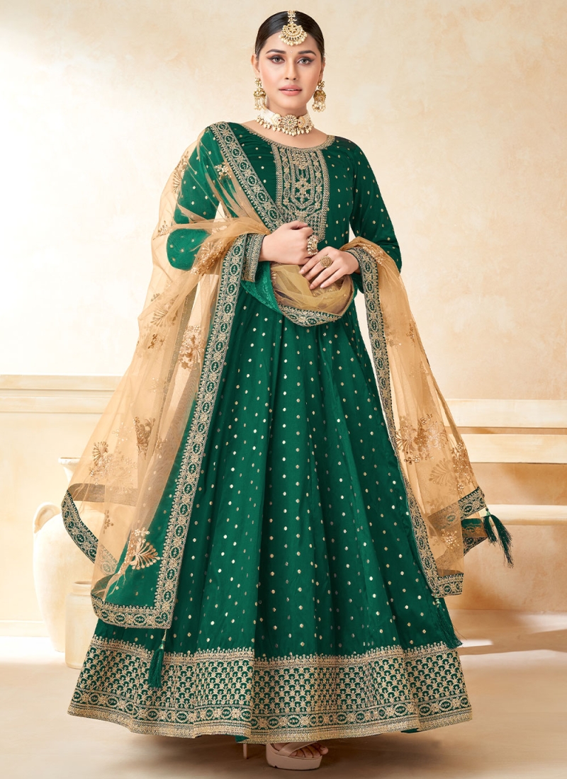 Tafeta Silk Green Anarkali Salwar Suit
