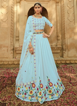 Tantalizing Georgette Thread Aqua Blue Designer Lehenga Choli