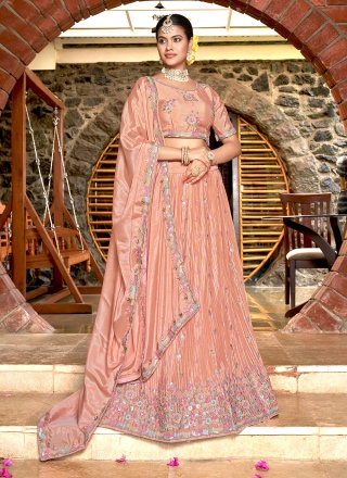 Tantalizing Peach Chinon A Line Lehenga Choli