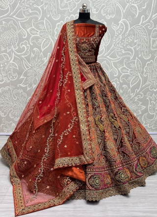 Tantalizing Velvet Orange Sequins Lehenga Choli