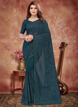 Teal Ceremonial Georgette Traditional Saree