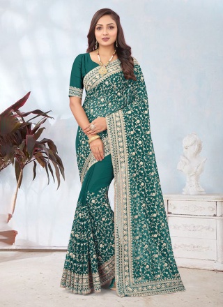 Teal Embroidered Contemporary Saree