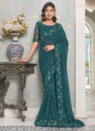 Teal Embroidered Festival Contemporary Saree