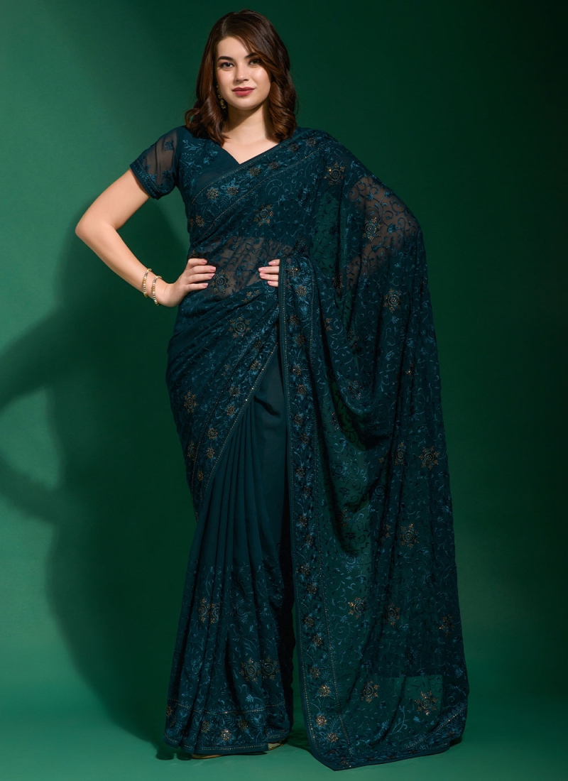 Teal Embroidered Festival Trendy Saree