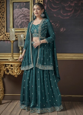 Teal Embroidered Silk Readymade Lehenga Choli