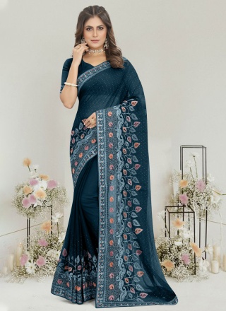 Teal Embroidered Wedding Contemporary Style Saree