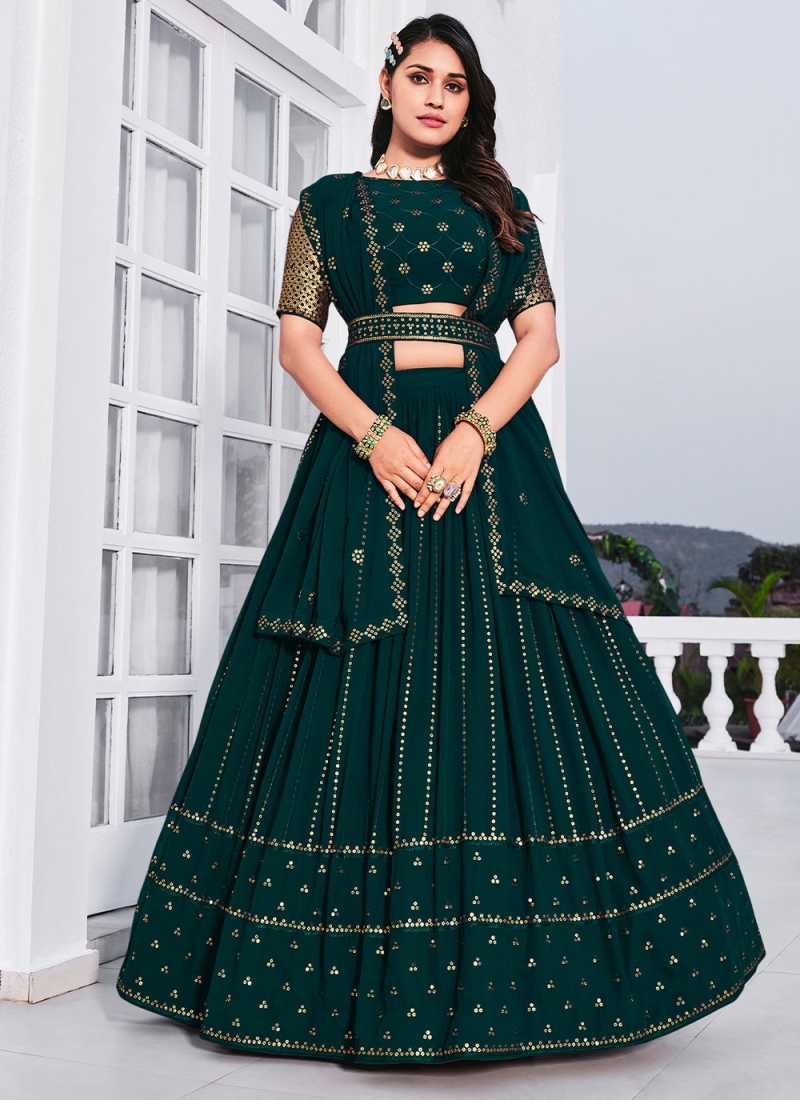 Teal Engagement Georgette A Line Lehenga Choli