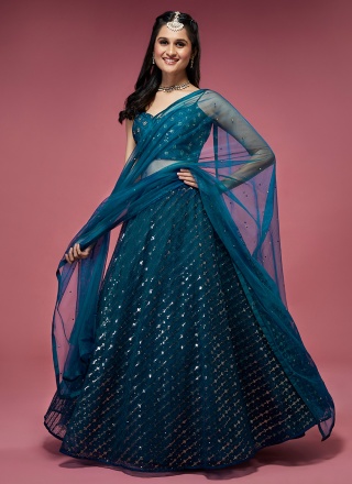 Teal Net Party Long Choli Lehenga