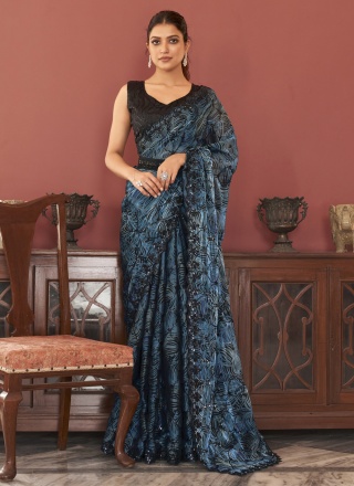 Teal Organza Embroidered Trendy Saree