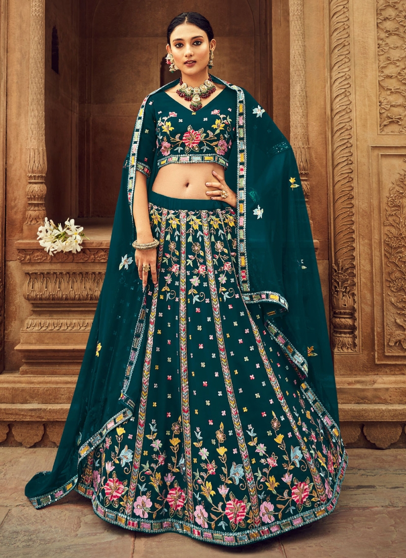 Teal Sequins Wedding A Line Lehenga Choli