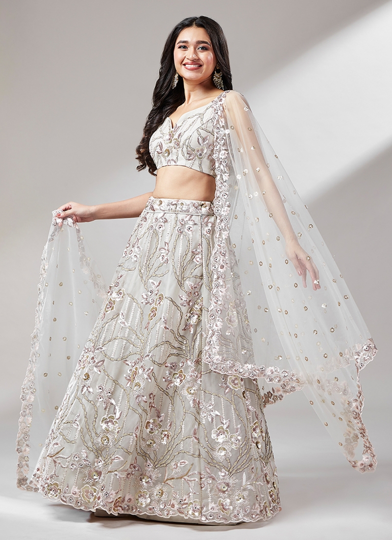 Shop Silver and White Designer Lehenga Online in USA with Pink Dupatta –  Pure Elegance