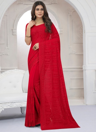 Tempting Resham Georgette Red Classic Saree