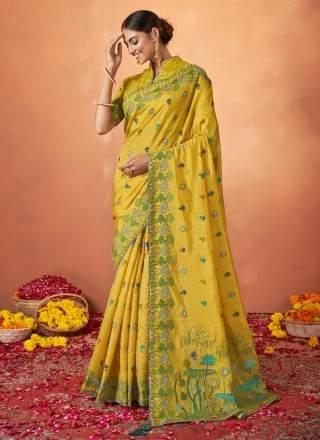 Tempting Tussar Silk Embroidered Yellow Designer Saree