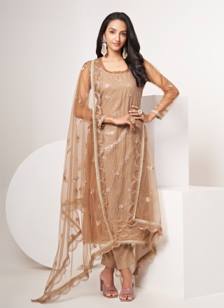 Thread Work Net Salwar Kameez in Brown