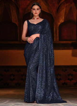 Thrilling Sequins Georgette Navy Blue Contemporary Saree