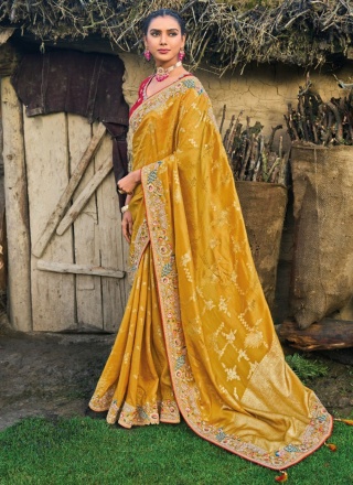 Tiptop Mustard Embroidered Silk Designer Saree