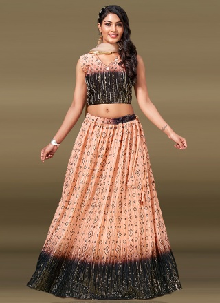 Titillating Chiffon Mirror Black and Peach Readymade Lehenga Choli