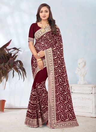 Transcendent Georgette Maroon Embroidered Trendy Saree