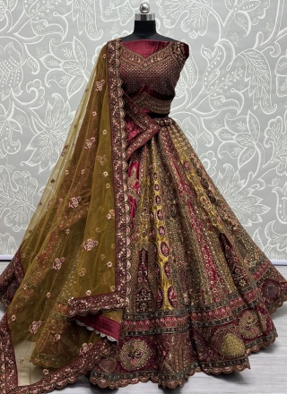 Trendy Lehenga Choli Thread Work Silk in Maroon and Mustard