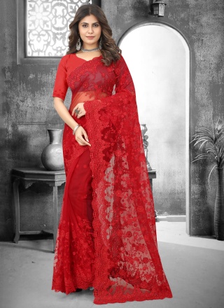 Trendy Net Red Designer Saree