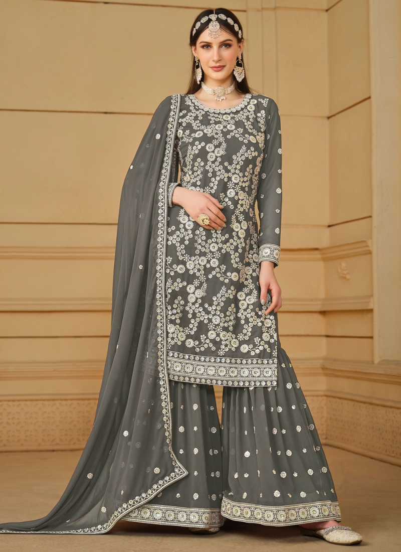 Trendy Salwar Suit Embroidered Faux Georgette in Grey