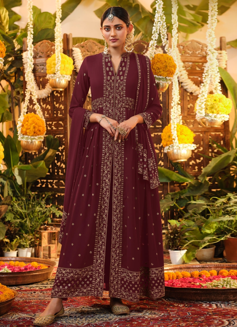 Trendy Salwar Suit Swarovski Georgette in Maroon