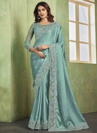 Trendy Saree Border Shimmer in Aqua Blue